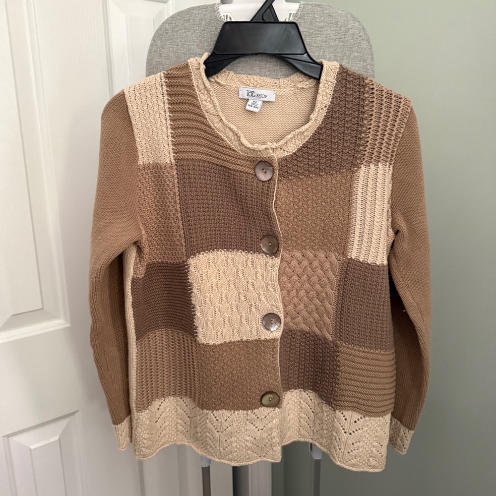 Vintage The Tog Shop Cotton Patchwork Cardigan PS Neutral Cable Knit Sweater